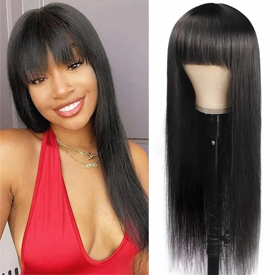 Silky Straight Human Hair Wig with Bangs - Full Machine-Made Glueless Medium-Length Wig - 100% Brazilian Remy Human Hair Natural Black Fringe Wig for Women (18-24 Inch Clearance Sale) Luxegan