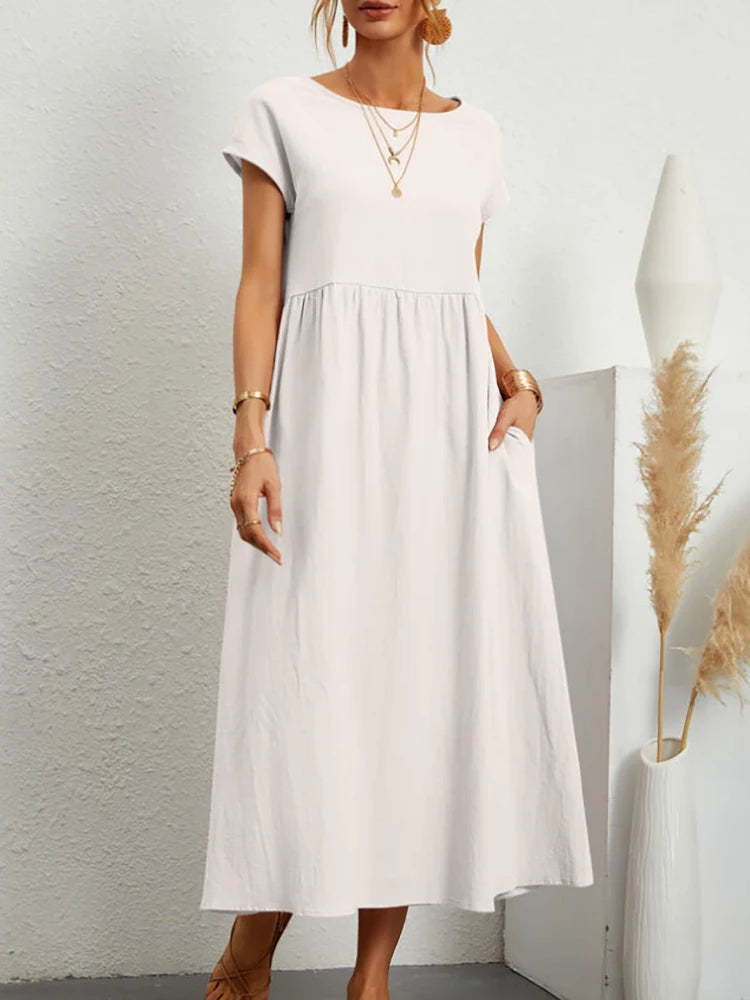 Women's Elegant Solid Maxi Dress | Vintage Harajuku Cotton Linen Long Dress | Summer Short Sleeve O-Neck Loose Sundress | Premium Y2K Minimalist Pocketed A-Line Luxegan