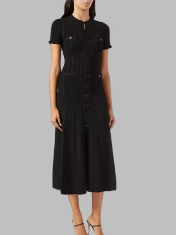 French Style Knitted Long Dress round Neck Hollow out Wooden Edge Skirt Elegant Autumn Luxury Women's Fashion One Piece Dress