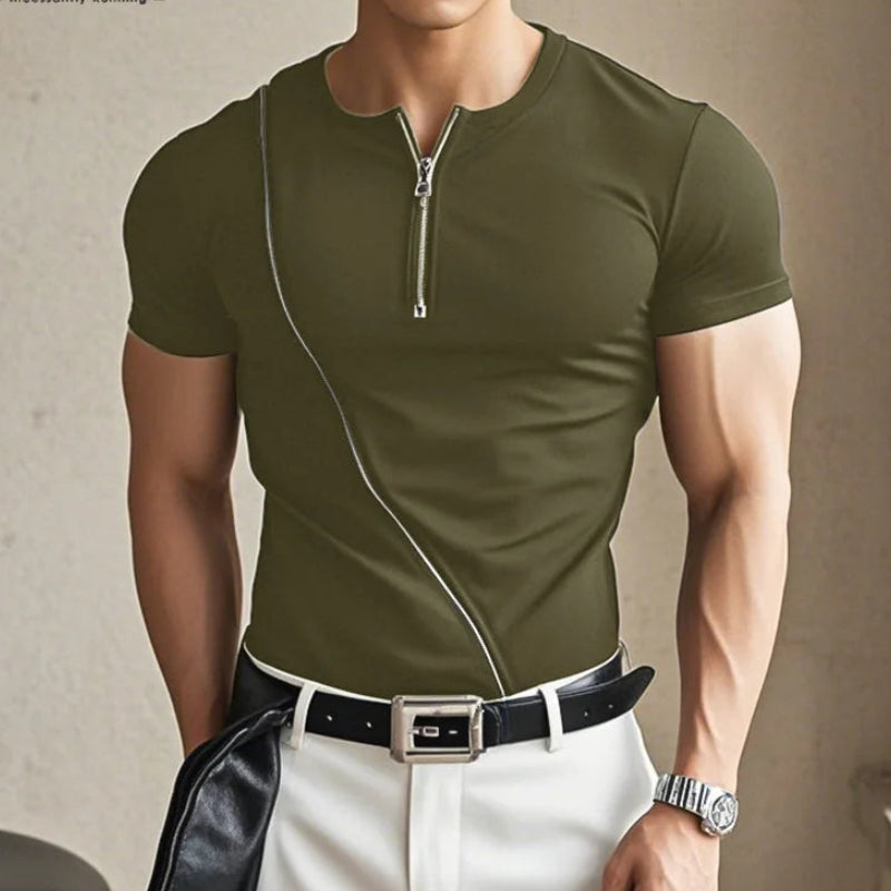 Half-Zipper Design T-Shirt | Sophisticated O-Neck Short-Sleeve Silhouette | Elegant "Spring and Summer" Handsome Camiseta | "Dignified" Lightweight Broadcloth Top for Radiant Versatile Styling Luxegan