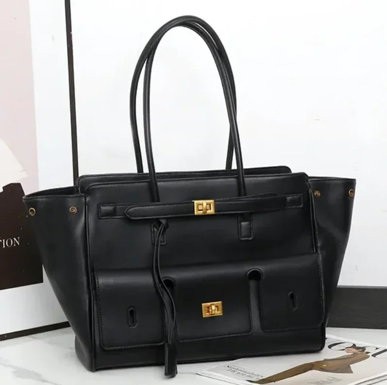 Luxury Real Leather Tote Bag Brand Texture Lock Wing Bag Solid Color Simple New Horizontal Square Bag Women's Commuter Handbag