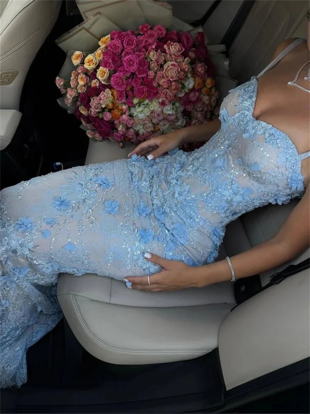 Cathy Customized Sky Blue Exquisite Flowers Prom Dress Spaghetti Straps Lace-up vestidos de noiva Floor-length Evening Dresses