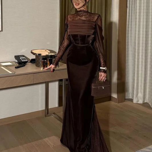 Charming Brown Velour Mermaid Prom Dress | Simple High-Neck Lace Pleated Evening Gown | Full-Sleeve Floor-Length Custom Gala Dress Luxegan