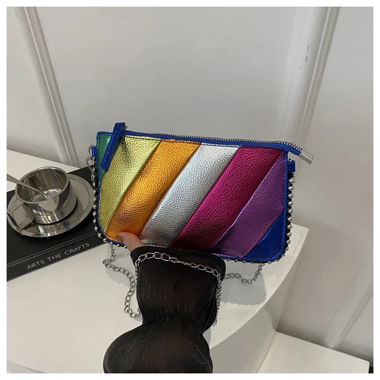 Fashion Trend Contrast Rainbow Splice Shoulder Bag | Designer Rivet Crossbody Handbag | Colorful Twill Chain Flap Bag Luxegan