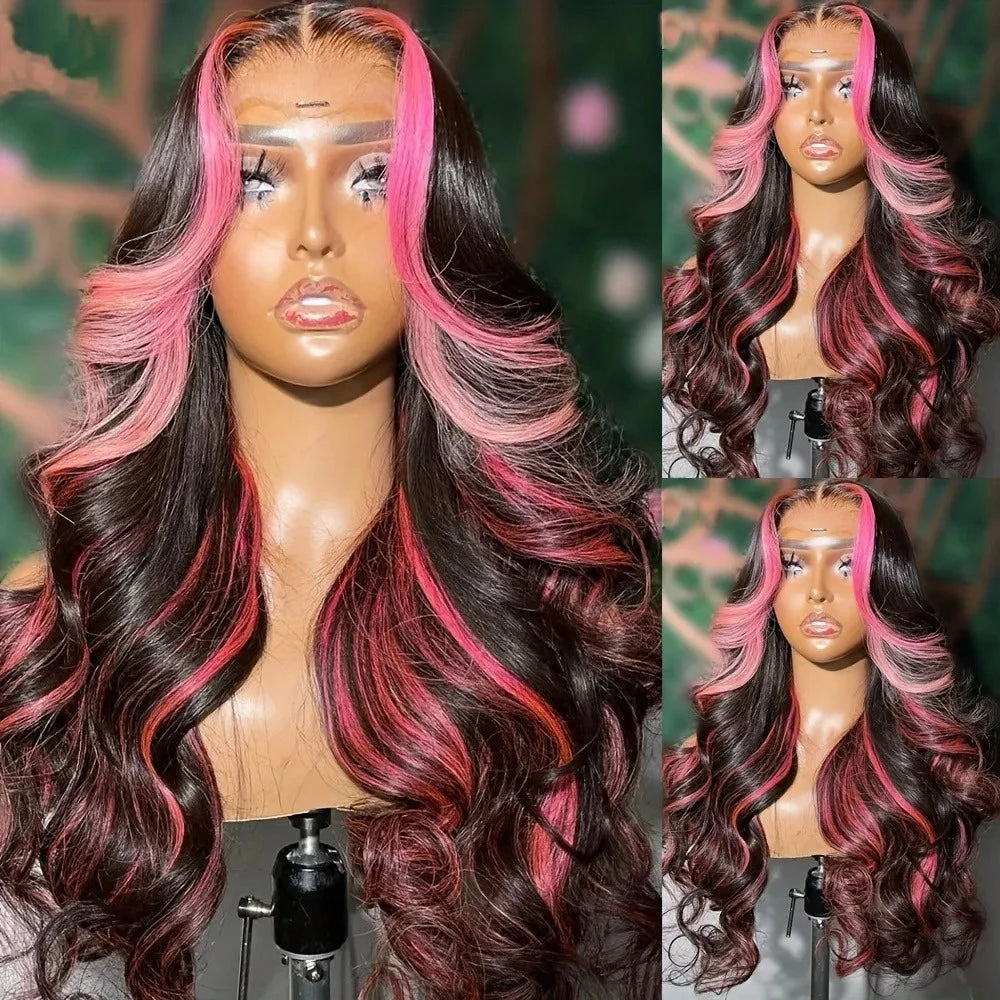 Black and Pink Highlight Body Wave Wig | Sophisticated 13x4 HD Transparent Lace Frontal | Elegant High-Temperature Fiber Glamour | "Dignified" 18–32 Inch Pre-Plucked Glueless Wig for Radiant Versatile Styling Luxegan