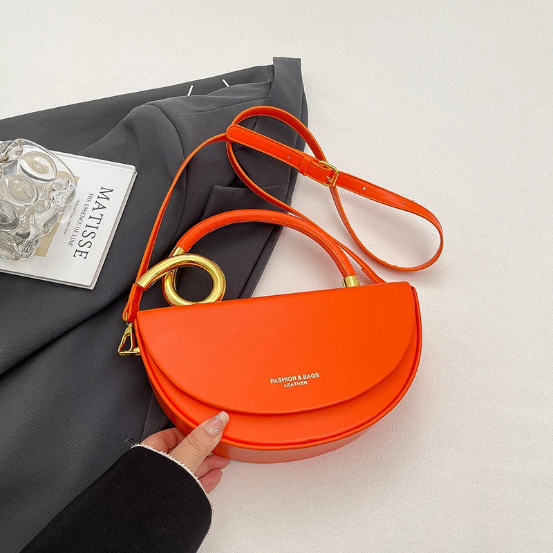 Designer Semicircle Saddle Crossbody | Small Hard PU Leather Handbag Luxegan