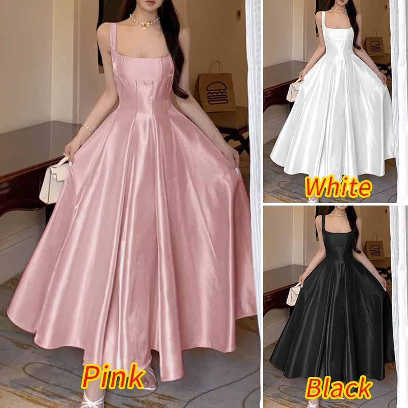 Women's Elegant White Silky Satin Maxi Dress | Graceful Square Neck Wedding Guest Evening Gown | Sexy & Club Sleeveless Tank Party Robe | Premium Non-Stretch Slim Fit A-Line Dress Luxegan