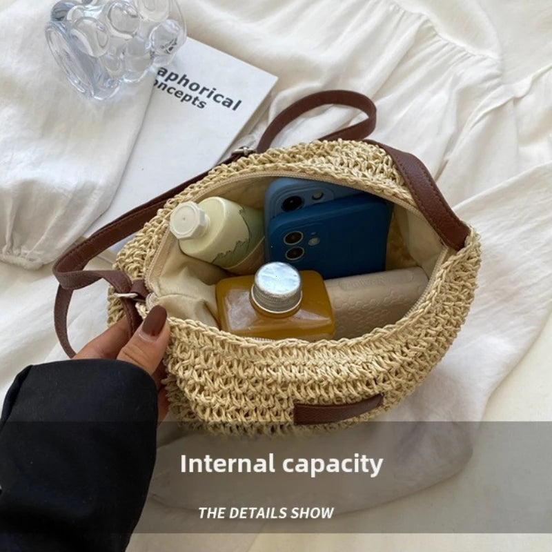 Women’s Fashion Straw Shoulder Bag | Large Capacity Paper Woven Handbag | Casual Summer Beach Tote with Zipper Closure | Minimalist Daily Straw Purse Luxegan