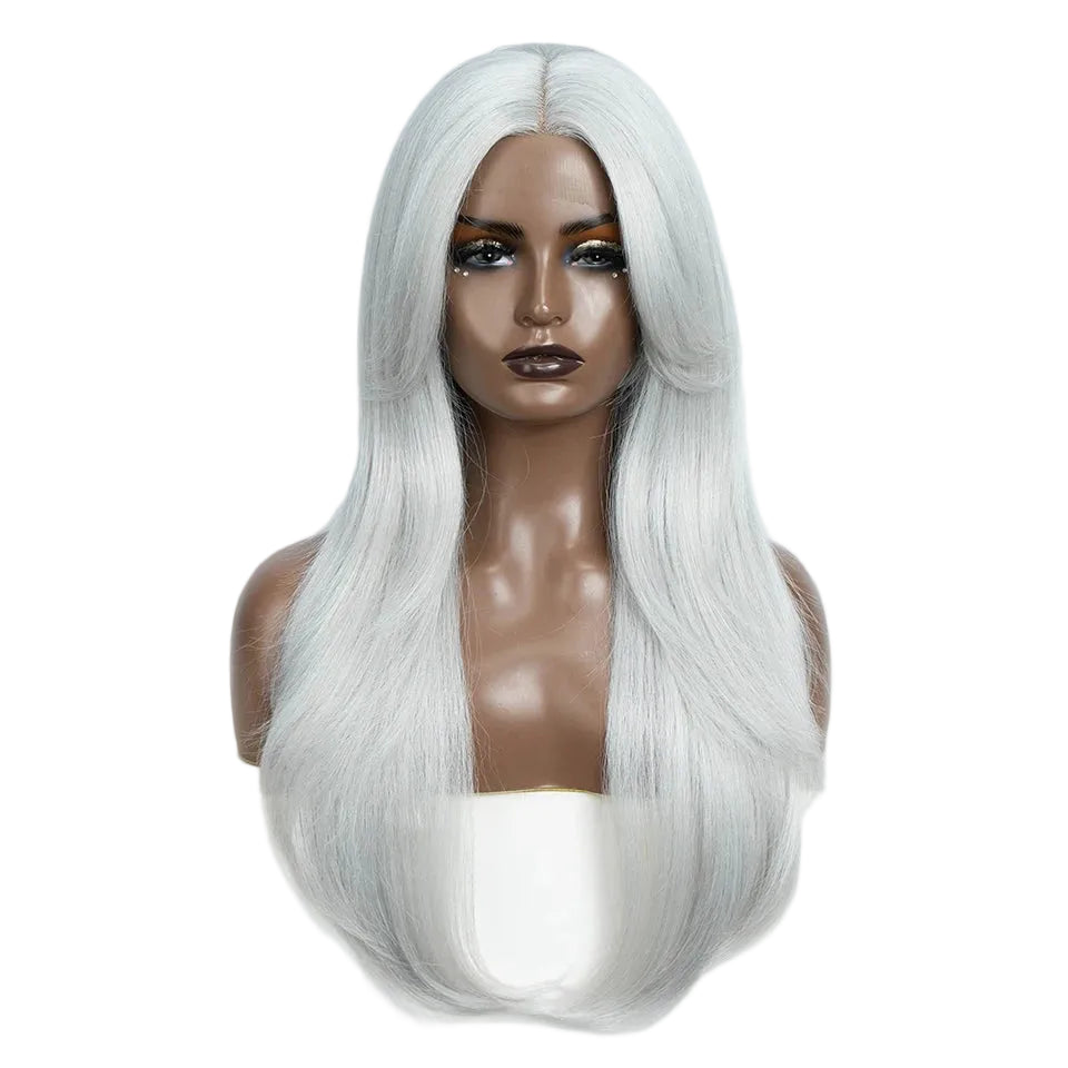 26-Inch Ombre Brown Highlight Blonde Synthetic Lace Front Wig with Bangs - Long Straight High Temperature Fiber Swiss Lace Wig - Transparent Lace Glueless Wig for Daily Use & Cosplay (197g) Luxegan