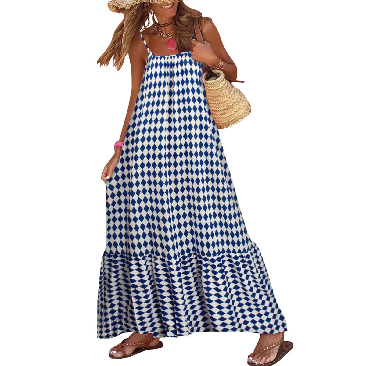 Print Slash Neck Spaghetti Strap Sleeveless Backless Loose Fit A-Line Floor-Length Dress – Slight Stretch Polyester, Empire Waist, Summer Luxegan