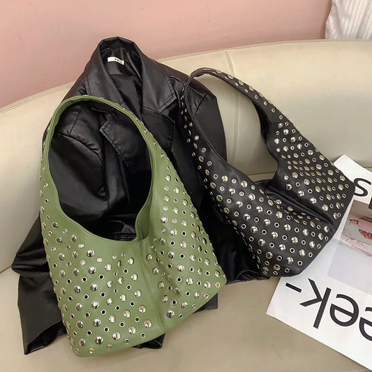 Women's Premium Round Rivet Inlaid Bucket Bag | Luxury Microfiber Synthetic Leather Underarm Shoulder Bag | Elegant Faux Fur Lined Party Minaudiere | High-End Hard Shell Fashion Purse Luxegan