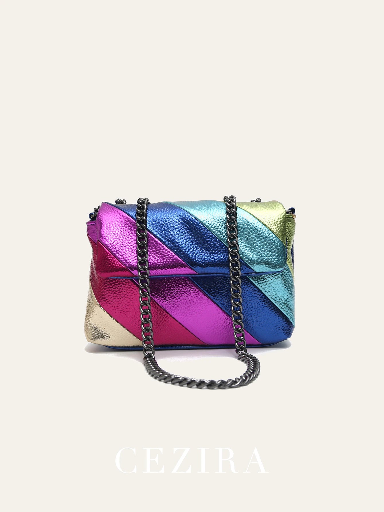 Women’s Funky Metallic Mini Shoulder Bag | Colorful Stripe Patchwork PU Leather Handbag | Fashion Flap Crossbody with Metal Chain Detail (Model CRP-2311437) Luxegan