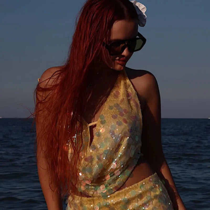 Sequin Halter Hollow-Out Mini Dress Luxegan