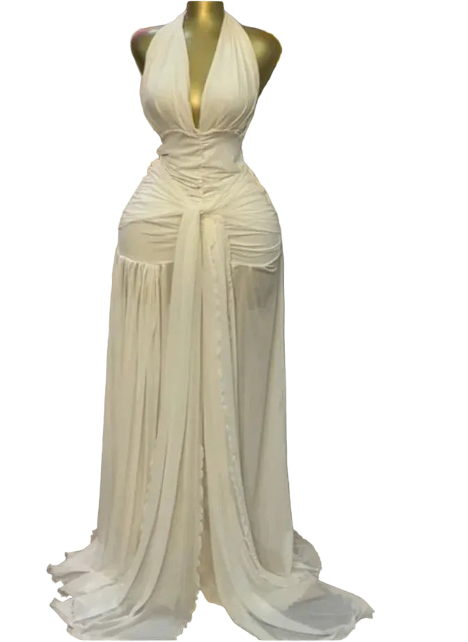 Floral Halter Backless Maxi Dress | V-Neck Ruched Ruffles Fit & Flare Party Dress Luxegan
