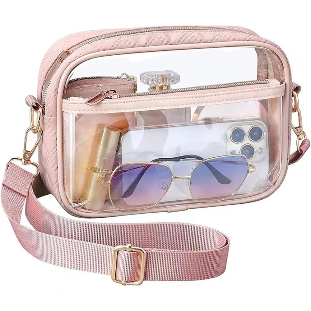 Transparent PVC Crossbody Bag | Ladies Jelly Square Shoulder Messenger Bag & Waterproof Cosmetic Bag (Female Phone Purse for Travel) Luxegan