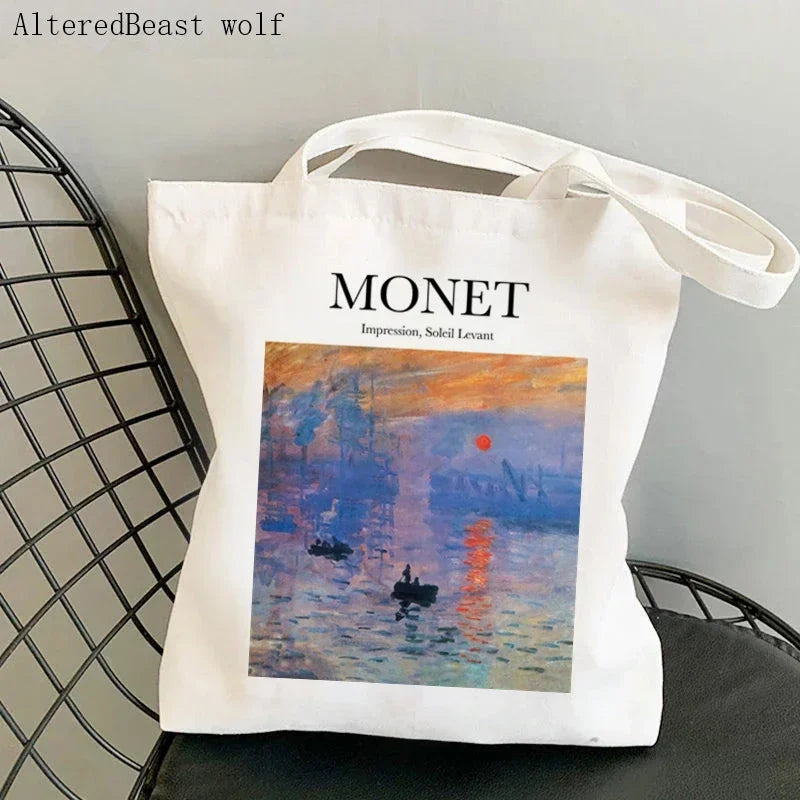 Monet Water Lilies Canvas Shoulder Bag | Sophisticated Kawaii Harajuku Shopping Tote | Elegant Art-Inspired Shopper Handbag | "Dignified" Durable Square Purse for Versatile Daily Styling Luxegan