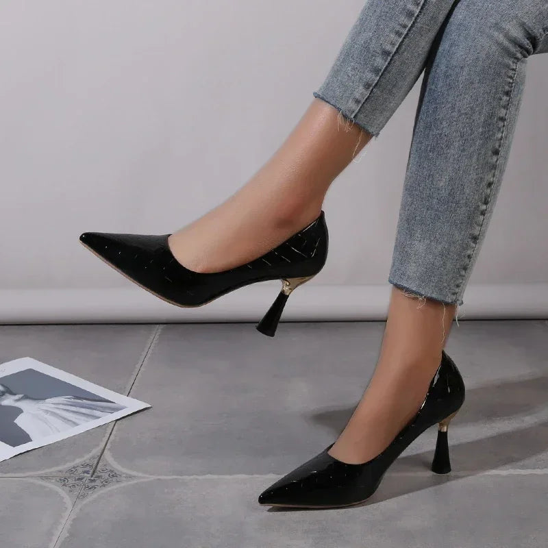 Summer Trend Pointed Toe High Heels | Sophisticated Geometric Pattern Dress Pumps | Elegant "Metal Decorated" Silhouette | "Dignified" Thin High Heels for Radiant Versatile Styling Luxegan