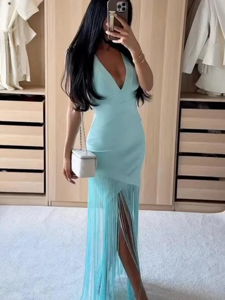 Square Collar Sleeveless Tassel Patchwork Waist-Cinching Sheath Mini Dress | Slim Sexy Party Summer Dress Luxegan