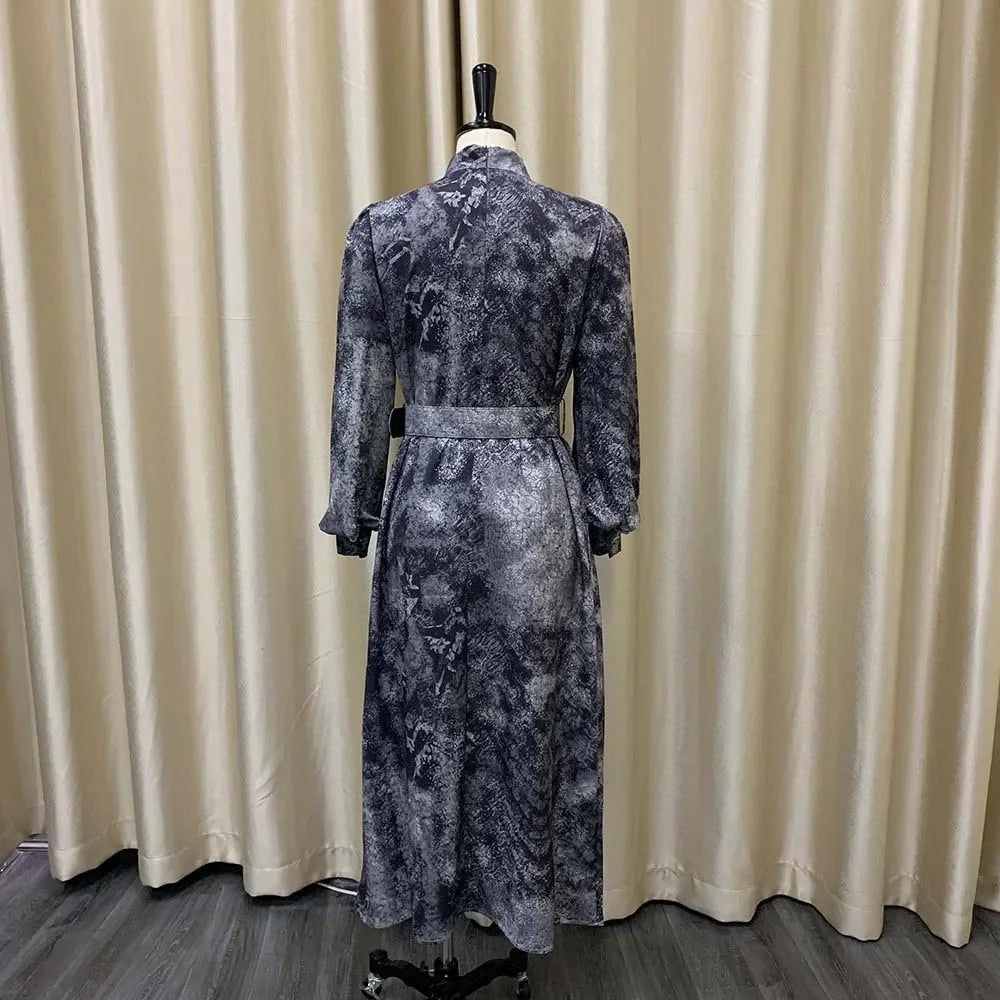 Elegant Vintage Dresses for Women Bow Collar Full Sleeve Belt Waisted A Line Mid Calf Birthday Party Dinner Vestidos Mujer Dress