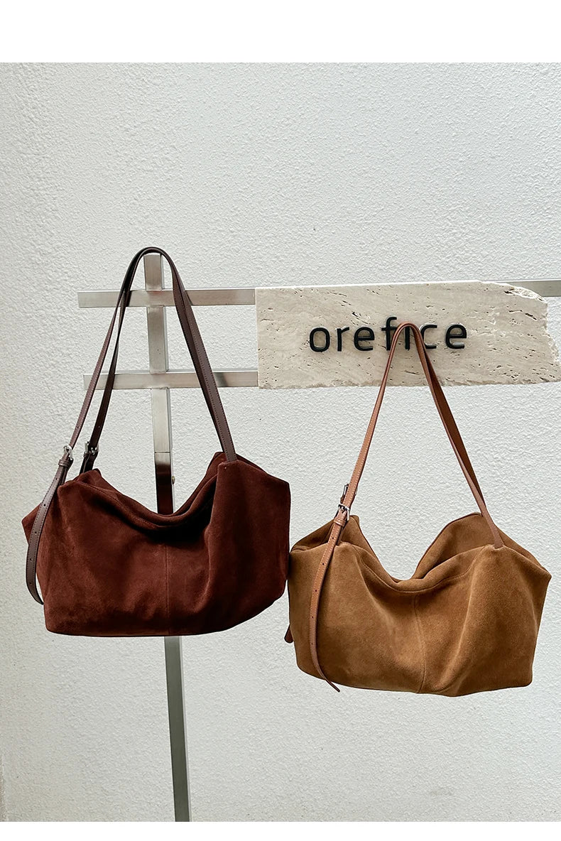 Women’s Suede Genuine Leather Shoulder Bag | Frosted Cowhide Crossbody Handbag | Luxury "Lazy Style" Designer Commuter Tote (Model 6131) Luxegan