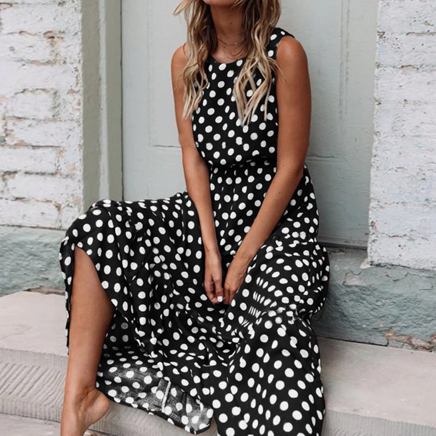 Polka Dot Boho Sundress Women Summer Beach Maxi Long Dresses Sexy Elegant Sleeveless Belts Evening Party Dress Vestido De Mujer