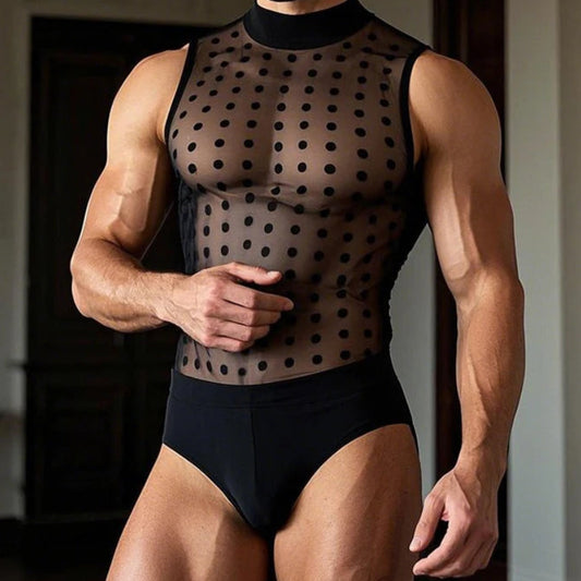 American Style Men's Polka Dot Mesh Jumpsuit | Sophisticated "See-Through" Triangle Silhouette | Elegant Semi-High Neck Sleeveless Bodysuit | "Dignified" High-Performance Homewear for Radiant Versatile Styling Luxegan