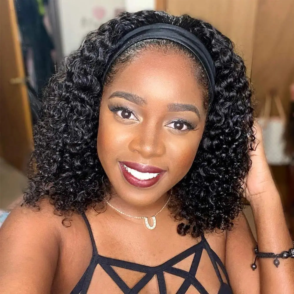 Kinky Water Wave Headband Wig | Sophisticated 32-Inch Brazilian Human Hair Silhouette | Elegant "Full Machine Made" Glueless Wig | "Dignified" 180% Density Natural Black Hairpiece for Radiant Versatile Styling Luxegan