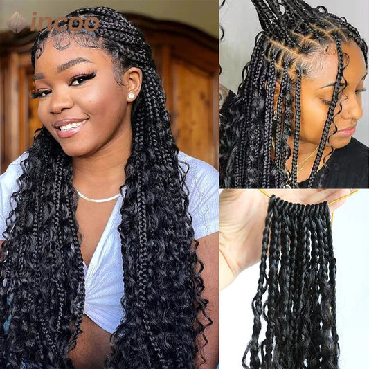 Boho Box Braided Wigs Curly Hair Synthetic Full Lace Front Wigs for Women Goddess Locs Braid Wig Burgundy Bohemian Box Braid Wig Luxegan