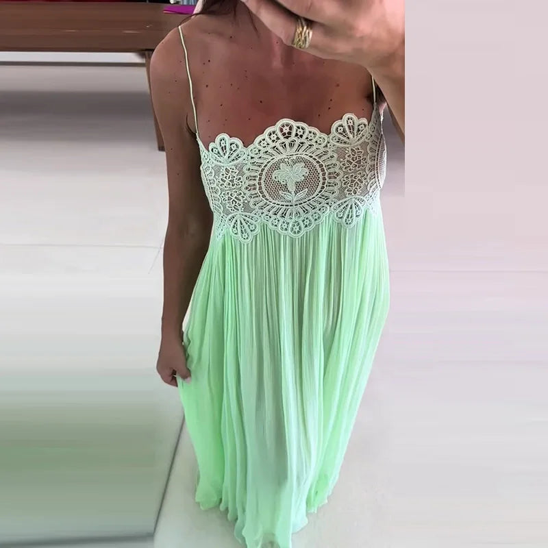 Solid Strapless Sleeveless Pleated Loose Fit A-Line Ankle-Length Dress – Natural Waist, Summer Luxegan
