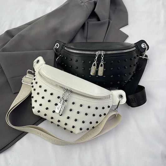 Fashion Rivet PU Leather Waist Bag | Trendy Female Chest & Crossbody Bag | High-Quality Ladies Fanny Pack & Phone Purse | Punk-Style Studded Messenger Bag (Model 5841) Luxegan