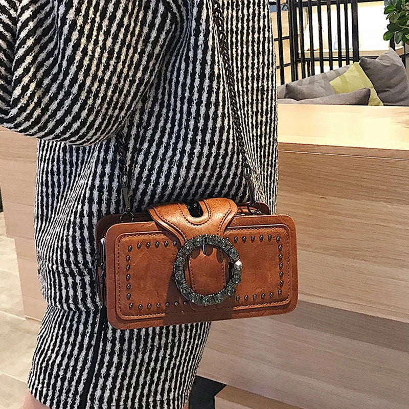 Vintage Round Rhinestone Buckle Shoulder Bag | Fashion Punk Design Top-Handle Crossbody Bag (Popular Rivets Decor Purse for Women) Luxegan