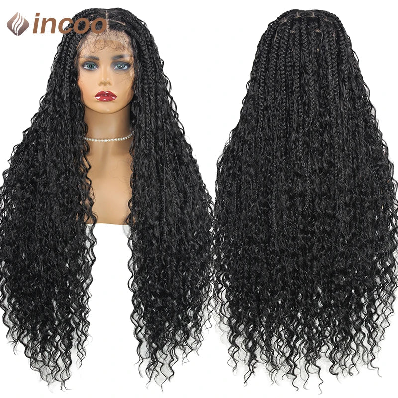 Boho Box Braided Wigs Curly Hair Synthetic Full Lace Front Wigs for Women Goddess Locs Braid Wig Burgundy Bohemian Box Braid Wig Luxegan