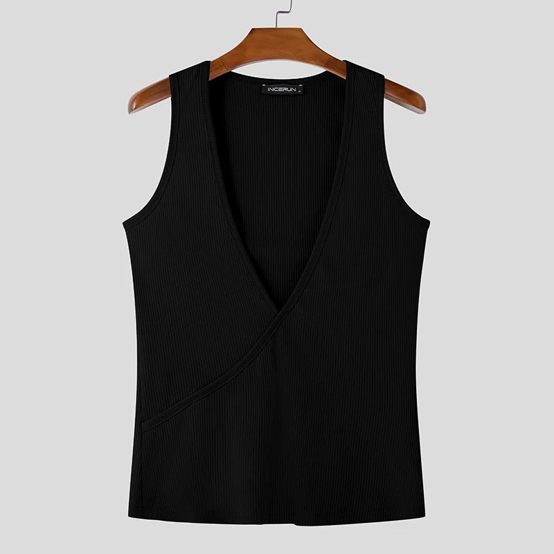 Slanted Collar Texture Deep-V Vest | Sophisticated American Style Diagonal Silhouette | Elegant "Deep-V" Summer Streetwear | "Dignified" Textured Tank Top for Radiant Versatile Styling Luxegan