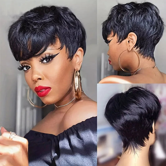 Silky Straight Short Pixie Bob Cut Wig with Bangs - 180% Density Full Machine-Made Glueless Human Hair Wig - 100% Brazilian Remy Natural Color Fringe Wig for Women (Short Length) Luxegan