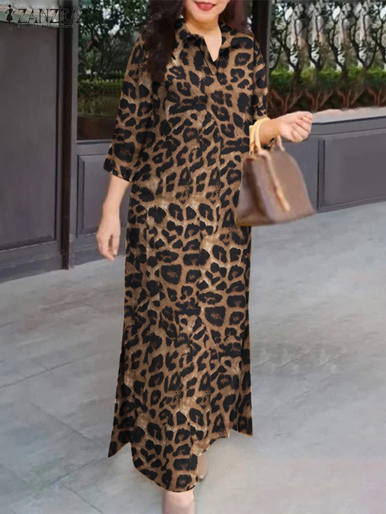 Leopard Print Turn-Down Collar Three-Quarter Sleeve Half-Button Regular Fit A-Line Ankle-Length Dress – Side Slits, Natural Waist, Spring/Summer/Autumn Luxegan