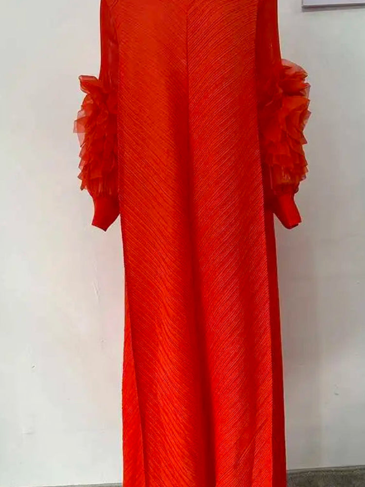 Pleated Lettuce Hem Maxi Dress | Turtleneck Full Sleeve Loose A-Line Casual Dress Luxegan