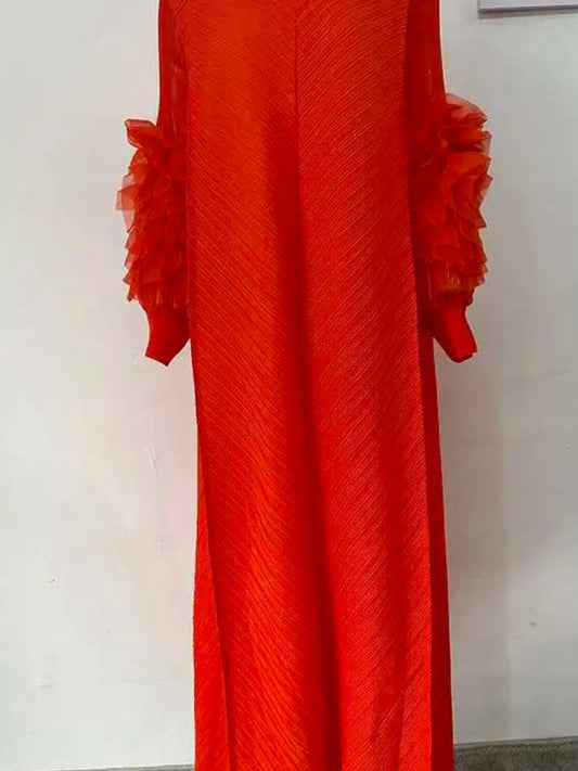 Pleated Lettuce Hem Maxi Dress | Turtleneck Full Sleeve Loose A-Line Casual Dress Luxegan