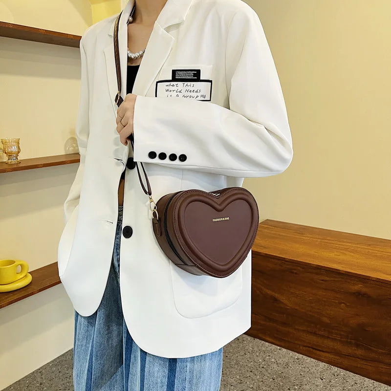Heart Shaped PU Leather Sling Bag | Candy Color Zipper Crossbody Luxegan
