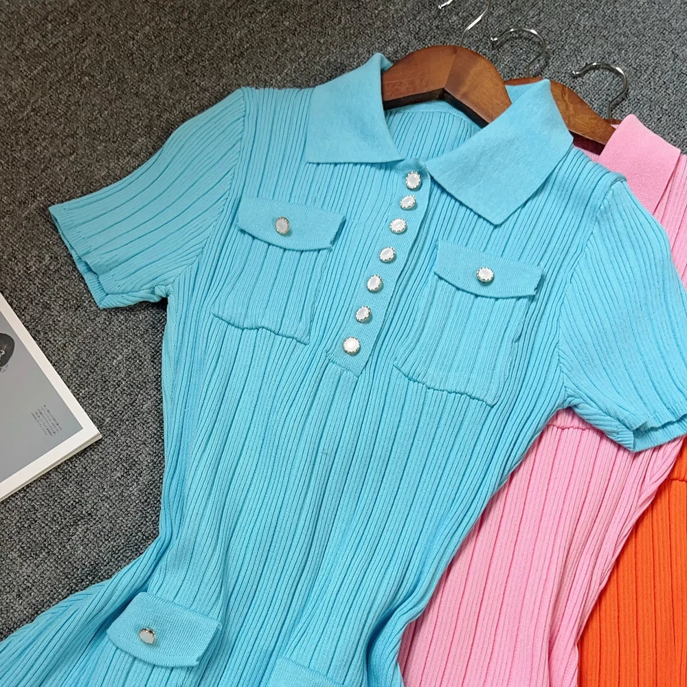 Women's Aesthetic Knitted Short Dress | Korean Fashion Turn-Down Collar Party Gown | High Street Buttoned Pockets Summer Dress | Premium Knit Medium Stretch A-Line Luxegan