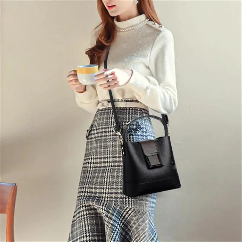 New Versatile Leather Bucket Tote Bag | Sophisticated Trendy Female Shoulder Handbag | Elegant Large Capacity Fashion Crossbody | Luxury Vintage Business Bag with Hasp & Zipper Closure Luxegan