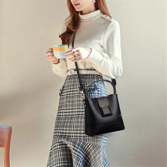 New Versatile Leather Bucket Tote Bag | Sophisticated Trendy Female Shoulder Handbag | Elegant Large Capacity Fashion Crossbody | Luxury Vintage Business Bag with Hasp & Zipper Closure Luxegan