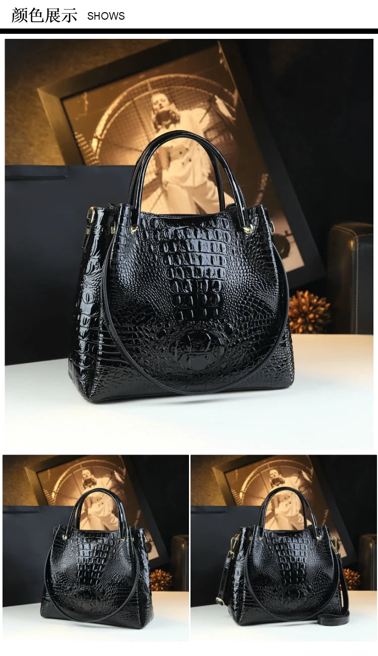 Genuine Leather Crocodile Print Bucket Bag | Vintage Tote & Messenger Luxegan