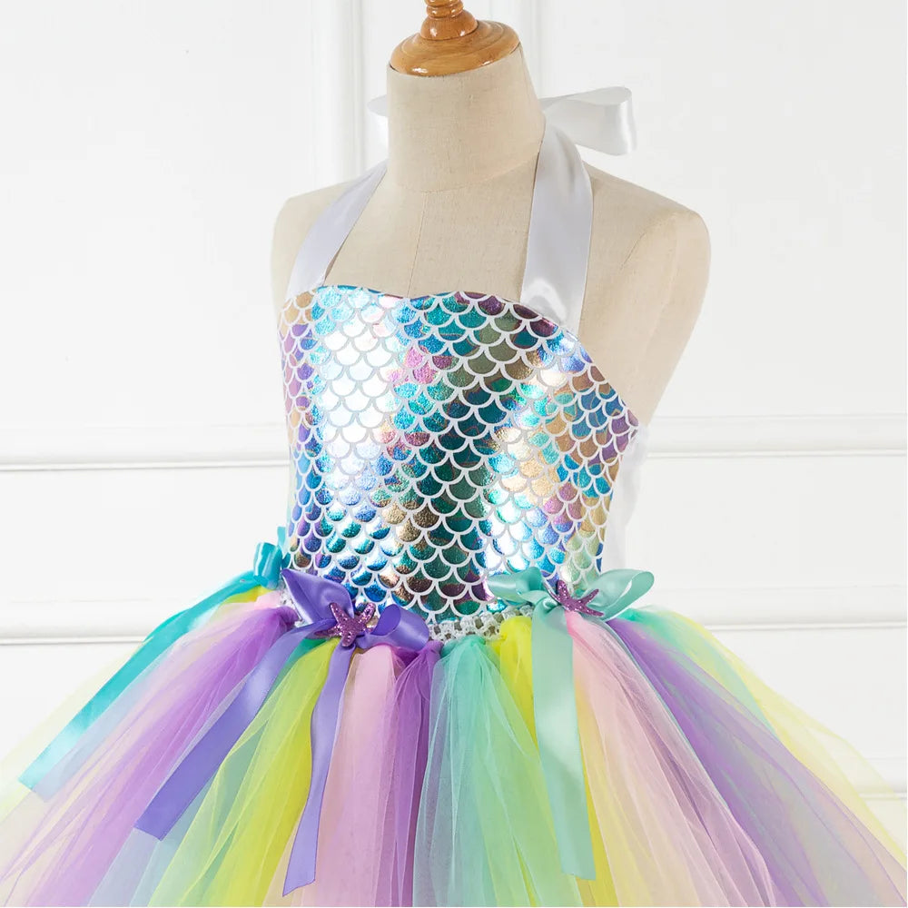 Kids Girls Cosplay Party Dress Princess Dress Up Mermaid Tulle Tutu Dresses Theme Birthday Party Costume with Flower Headband