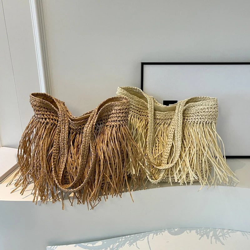 Bohemian Tassel Woven Bag | Handmade Straw Tote & Shopper Luxegan