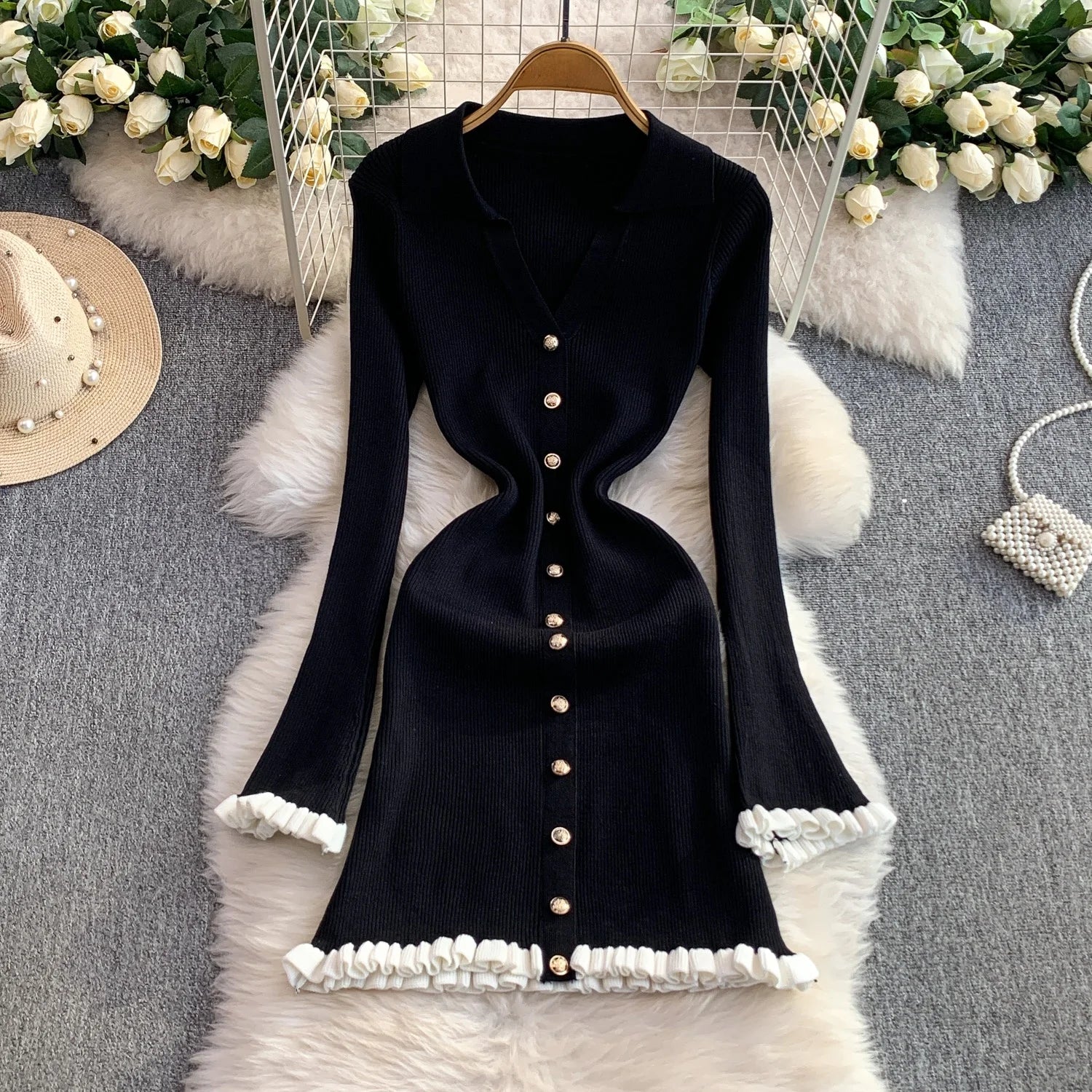 Slimming Knitted Mini Dress | Sophisticated Metal Buckle V-Neck Gown | Elegant "Bell Sleeve" Silhouette | "Dignified" High-Waist A-Line Skirt for Radiant Versatile Spring &amp; Summer Styling Luxegan