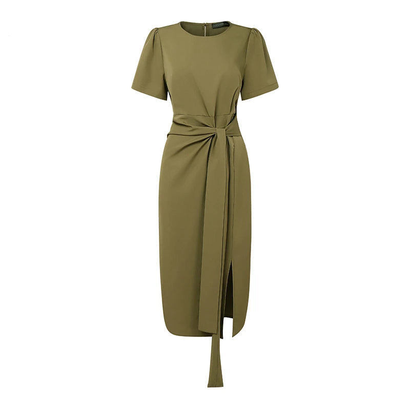 Lace-Up Sash Midi Dress | Short Sleeve O-Neck Sheath Office Elegant Sundress Luxegan