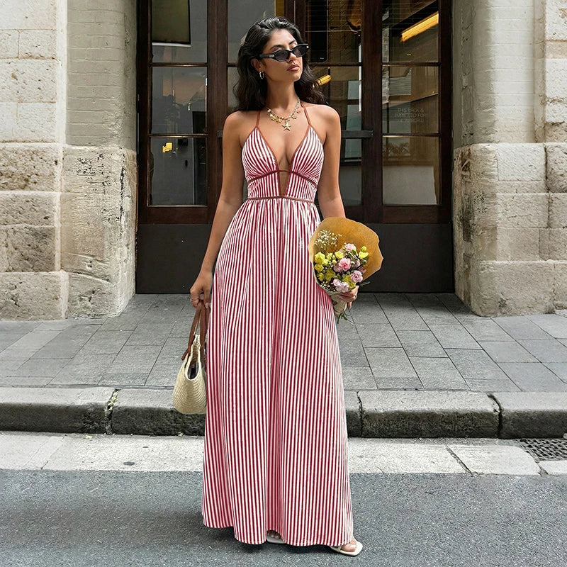 Deep V-Neck Halter Backless Striped Fit & Flare Maxi Dress | Sleeveless Sexy Beach Summer Dress Luxegan