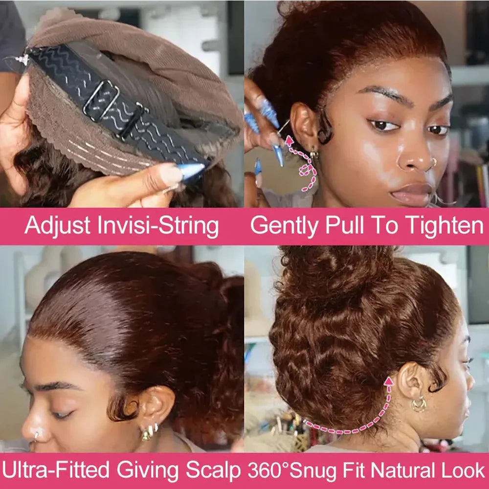 Invisi-Strap 360 Full Lace Wig | Sophisticated "Chocolate Brown" Deep Curly Silhouette | Elegant 250% Density HD Lace Hairpiece | "Dignified" Honey Blonde Highlights Brazilian Human Hair Wig for Radiant Versatile Styling Luxegan