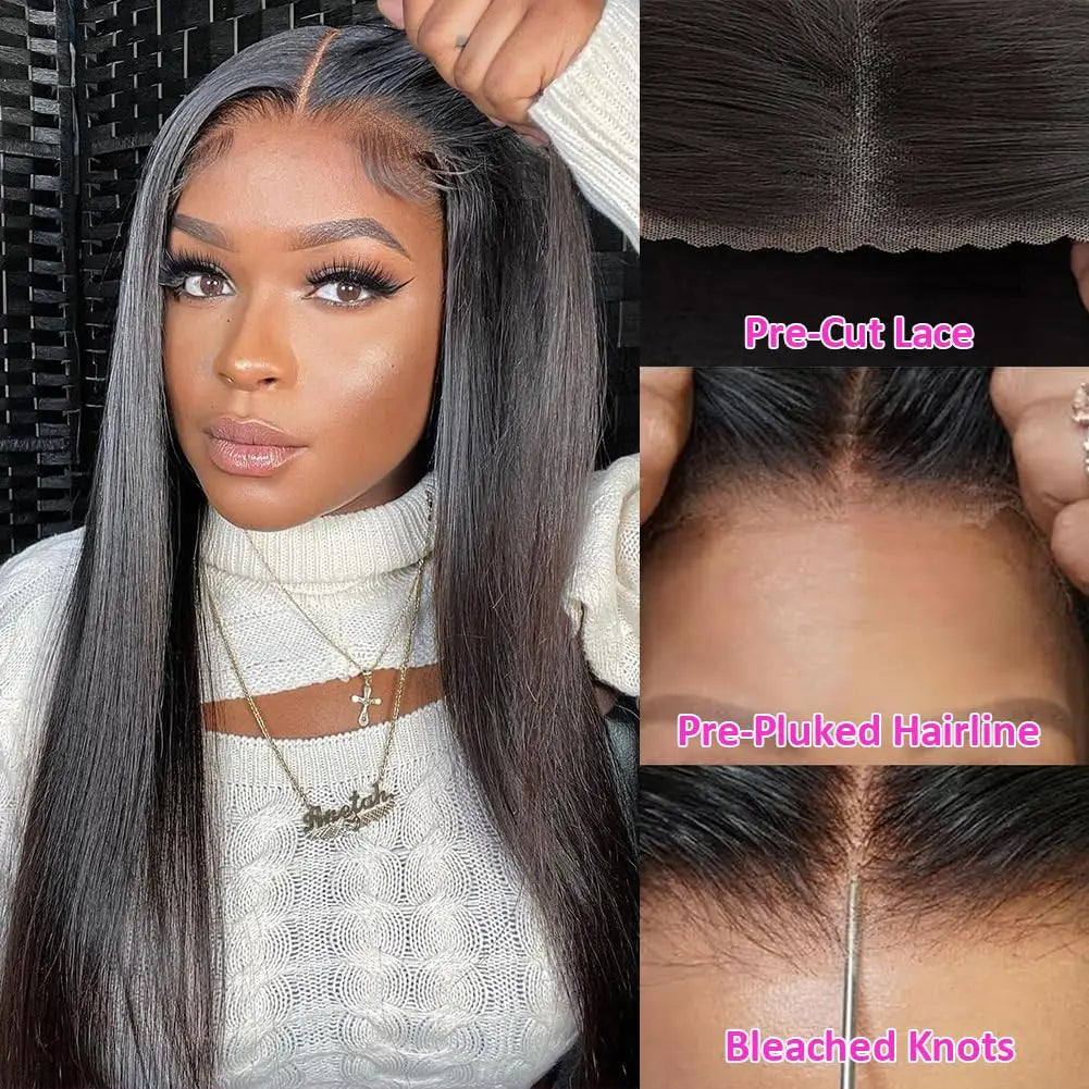 Bone Straight Glueless Lace Closure Wig | 180% Density Pre-Cut & Pre-Plucked Swiss Lace Wig | 100% Brazilian Remy Human Hair 6x4 or 5x5 Wear-and-Go Straight Wig for Women Luxegan