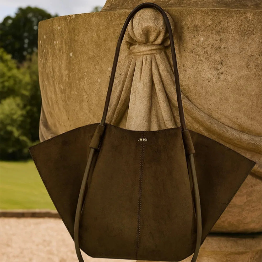 Architectural Wing Design Faux Suede Casual Tote | Sophisticated "Convertible Silhouette" | Premium Soft PU Leather Handheld & Shoulder Bag for Women | Famous Brand Commute Essential for Spacious Everyday Elegance Luxegan